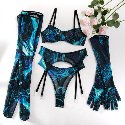 Koltailace Tie Dye Lingerie for Ladies Lace Underwear With Stockings And Gloves New in Women's Sleepwear Transparent Bra Outfits