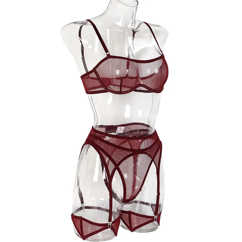 3-teiliges sexy Damen-Unterwäsche-Set, transparent, Dessous, Strumpfhalter-BH und Höschen, Spitzen-Intimtae, feines nahtloses Outfit