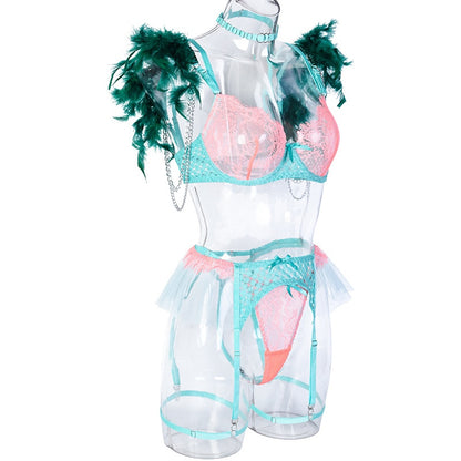 Feather Lingerie 4-teiliges Luxus-Spitzen-Unterwäsche für Damen, unzensiert, 18 transparenter Tüll-BH, Strumpfhalter-Set, sinnlich, intim