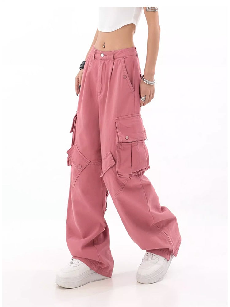 Pink Cargo Pants Streetwear Style High Waist Straight Jeans Pants Fashion Harajuku Women Baggy Y2K Wide Leg Loose Denim Trouser