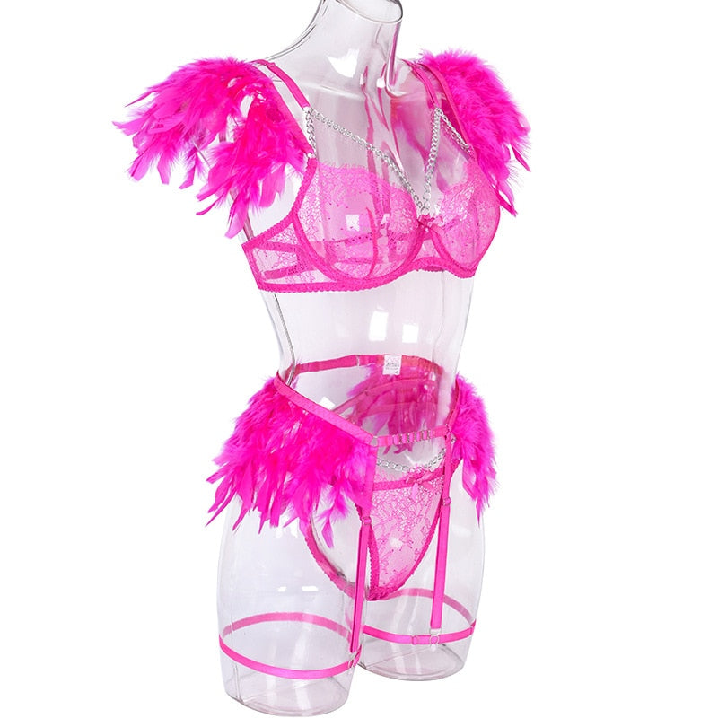 Lencería de plumas, ropa interior Sexy para mujer, sujetador transparente, cadena de Metal, encaje, conjunto de 3 piezas, íntimo de lujo