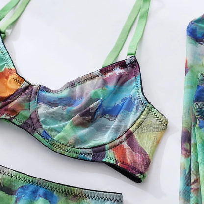 Tie-Dye-Dessous mit Strümpfen, Handschuhen, Ärmel, sexy Unterwäsche, 5-teiliges, intimes, durchsichtiges, sinnliches Mesh-Outfit