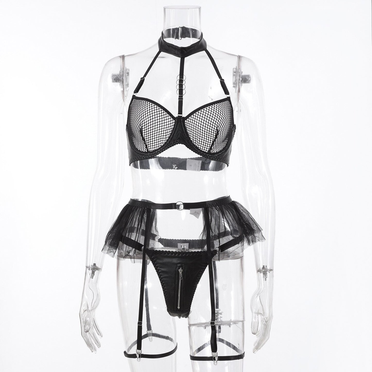 Fischnetz-Dessous, Neckholder-BH, gerüschtes Strumpfband, PVC-Unterwäsche, transparente, sinnliche Sissy-Outfits ohne Schritt