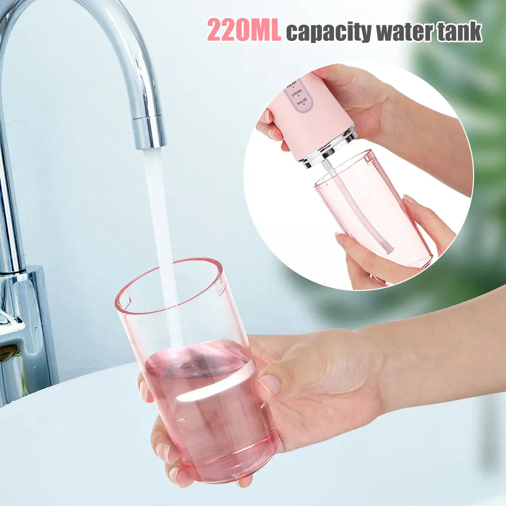 Munddusche, tragbare Dental-Wasserflosser, wiederaufladbarer USB-Wasserstrahl, Zahnseide, Zahnstocher, 4 Düsenspitzen, 220 ml, 3 Modi, IPX7, 1400 U/min