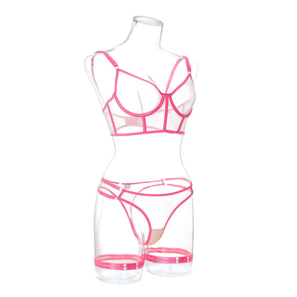 Ropa interior Sexy de neón para mujer, lencería femenina, disfraz Sexy, conjunto de sujetador transparente, encaje íntimo de 4 piezas