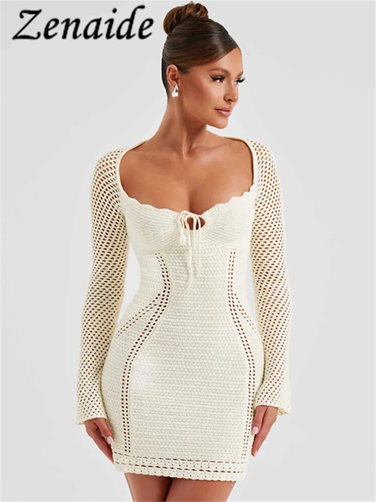 Zenaide Sexy  Hollow Out Long Sleeve Dress Mini Autumn Women See Through Knitted Crochet Backless Dresses Party 2023