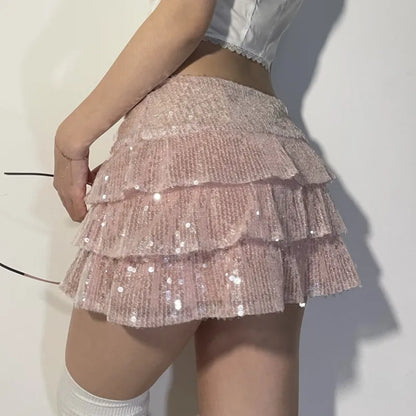 Mode Frauen Pailletten Mini Röcke Damen Mädchen Rosa Geschichteten Rüschen Streetwear Kurze A-linie Sparkly Club Party Röcke