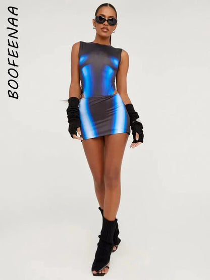 BOOFEENAA 3D-Körperdruck 2-teiliges Set Damen Outfits Sommermode Y2k Streetwear Sexy Rave Bodysuit Top und Rock Sets C85-BG15