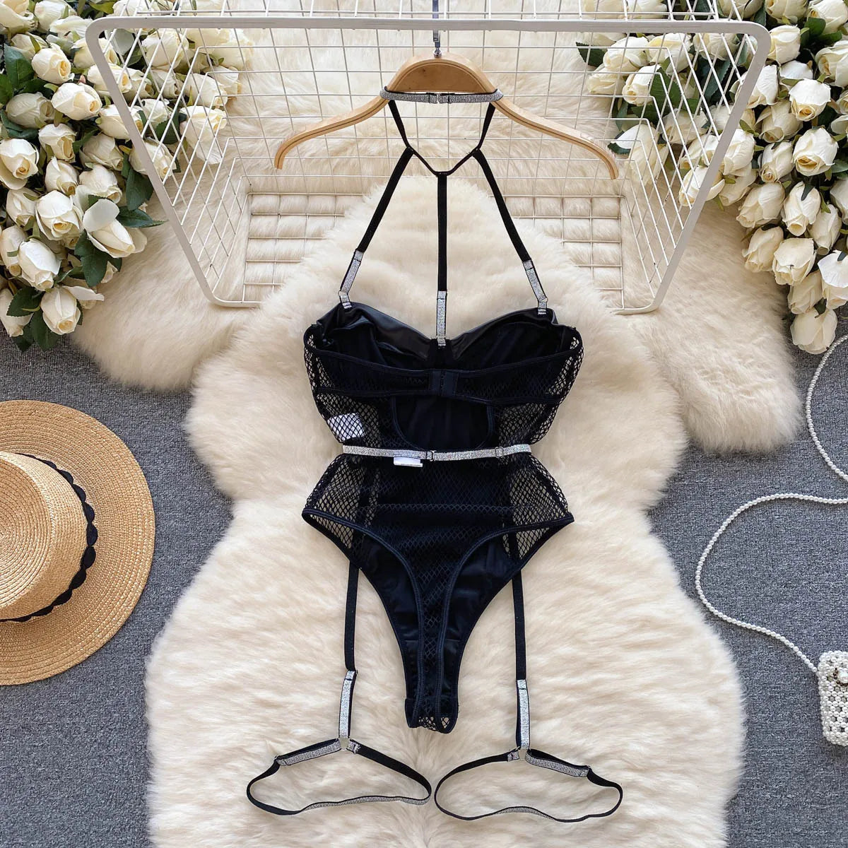 PU Leather Sexy Bodysuits Halter Splice Mesh Open Crotch Backless Garter Playsuits 2023 Women Hollow Out Slim Romper Wanita