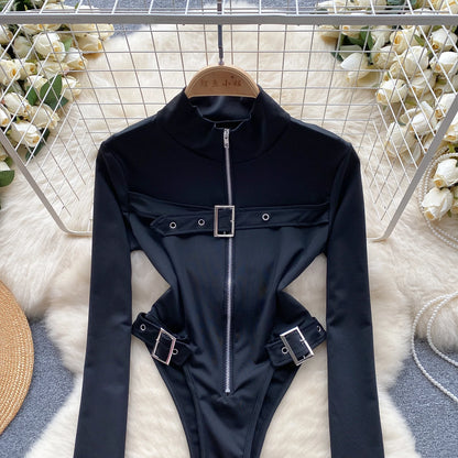 2023 Fashion Hotsweet Sexy Bodysuits Half High Collar Long Sleeved Zipper Women Open Crotch Streetwear Slim Playsuit Wanita