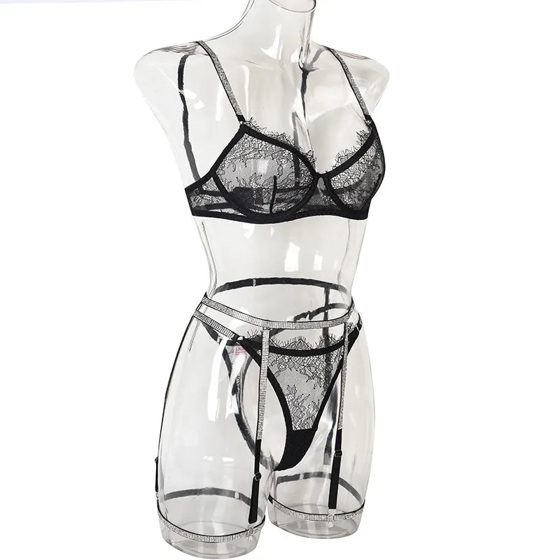 Strass Dessous Sexy Transparent Outfit Spitze Unterwäsche BH und Höschen Set nackte Frauen unzensiert ausgefallene Intimität