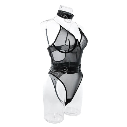 Frauen Mesh Sexy Playsuits 2023 Sommer Strap Aushöhlen Schlanke Nachtwäsche Mode Kette Sheer Sinnliche Bodys Wanita