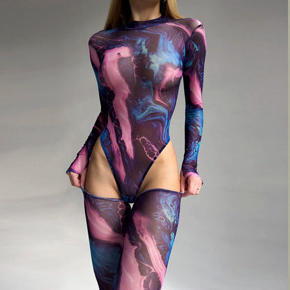 Tie Dye Bodysuit Long Sleeve Lingerie Body Uncensored Tight Fitting Woman Crotchless Mesh Sexy Tops See Through Outfit