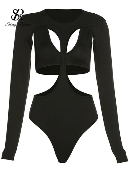 Streetwear Hollow Out Sexy Bodysuits Women Long Sleeves Backless Slim Top Fashion Solid Ins Sensual Beach Playsuits Wanita