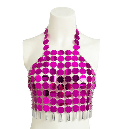 IngeSight.Z Sexy Sequins Hanging Neck Bra Top Chest Chain Women Summer Beach Crystal Tassel Pendant Body Festival Y2K Jewelry