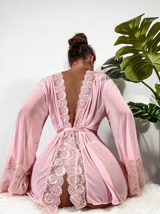 Wanita Sexy Lace Robe Long Sleeve Sleepwear Light Pink Nightwear Bridesmaids Gifts Lace Up Nighty Pajama