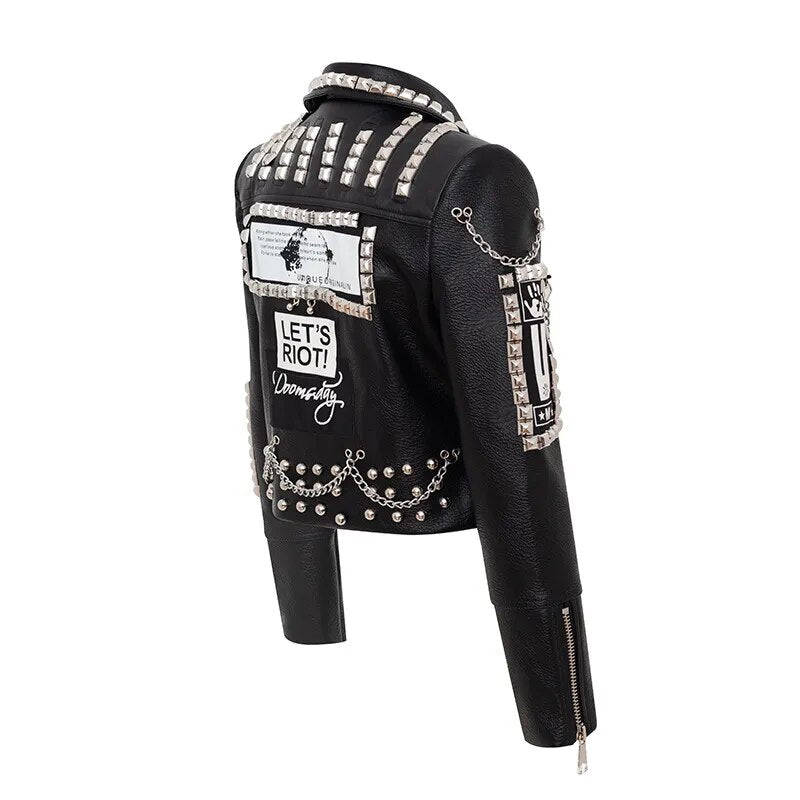 Primavera nuevo trabajo pesado abrigo con remaches abrigo de cuero corte corto motocicleta abrigo de cuero Mujer Punk Rock Pu chaqueta de cuero Abrigos Mujer