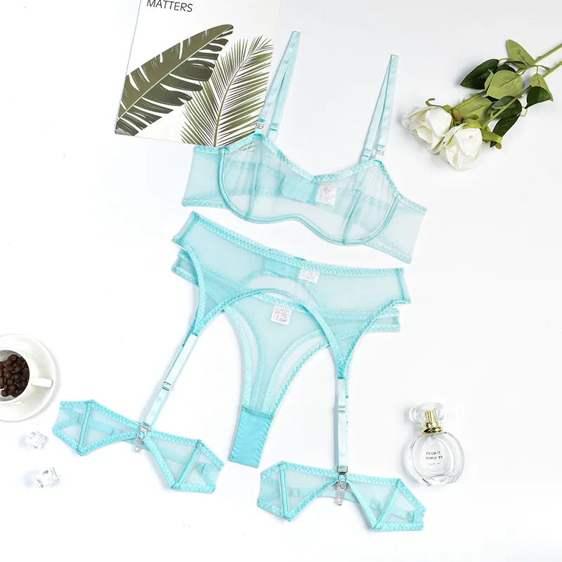 3-teiliges sexy Damen-Unterwäsche-Set, transparent, Dessous, Strumpfhalter-BH und Höschen, Spitzen-Intimtae, feines nahtloses Outfit