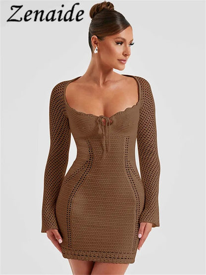 Zenaide Sexy  Hollow Out Long Sleeve Dress Mini Autumn Women See Through Knitted Crochet Backless Dresses Party 2023