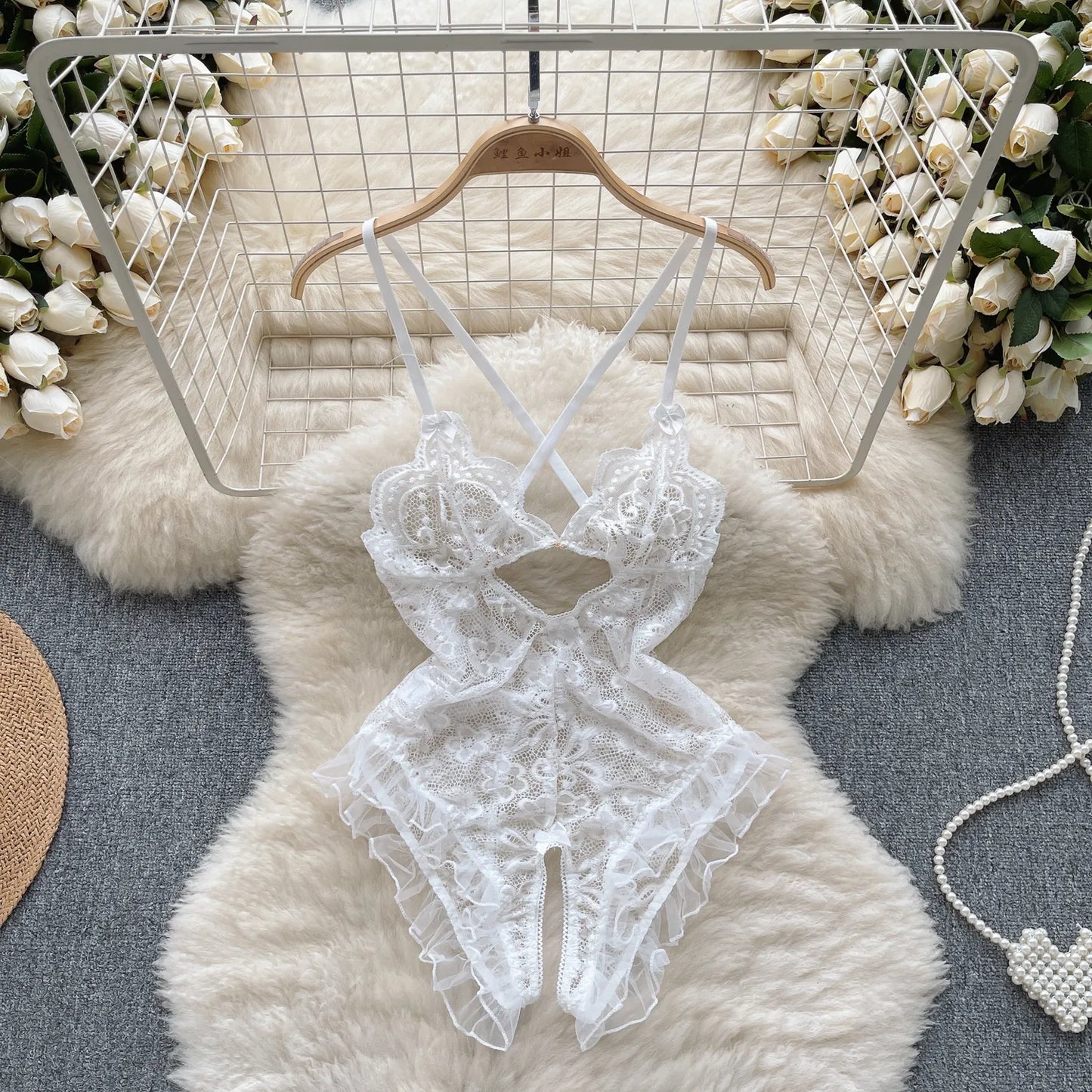 Floral Lace Sheer Sexy Bodysuits Ladies Strap Ruffles Sweet Slim  Nightwear 2023 Mesh Open Crotch  Playsuits Wanita