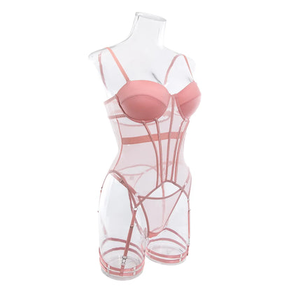 Conjuntos de lencería para mujer, ropa interior femenina acolchada, conjunto de Tanga transparente, corsé de encaje con realce, Liga superior Wanita