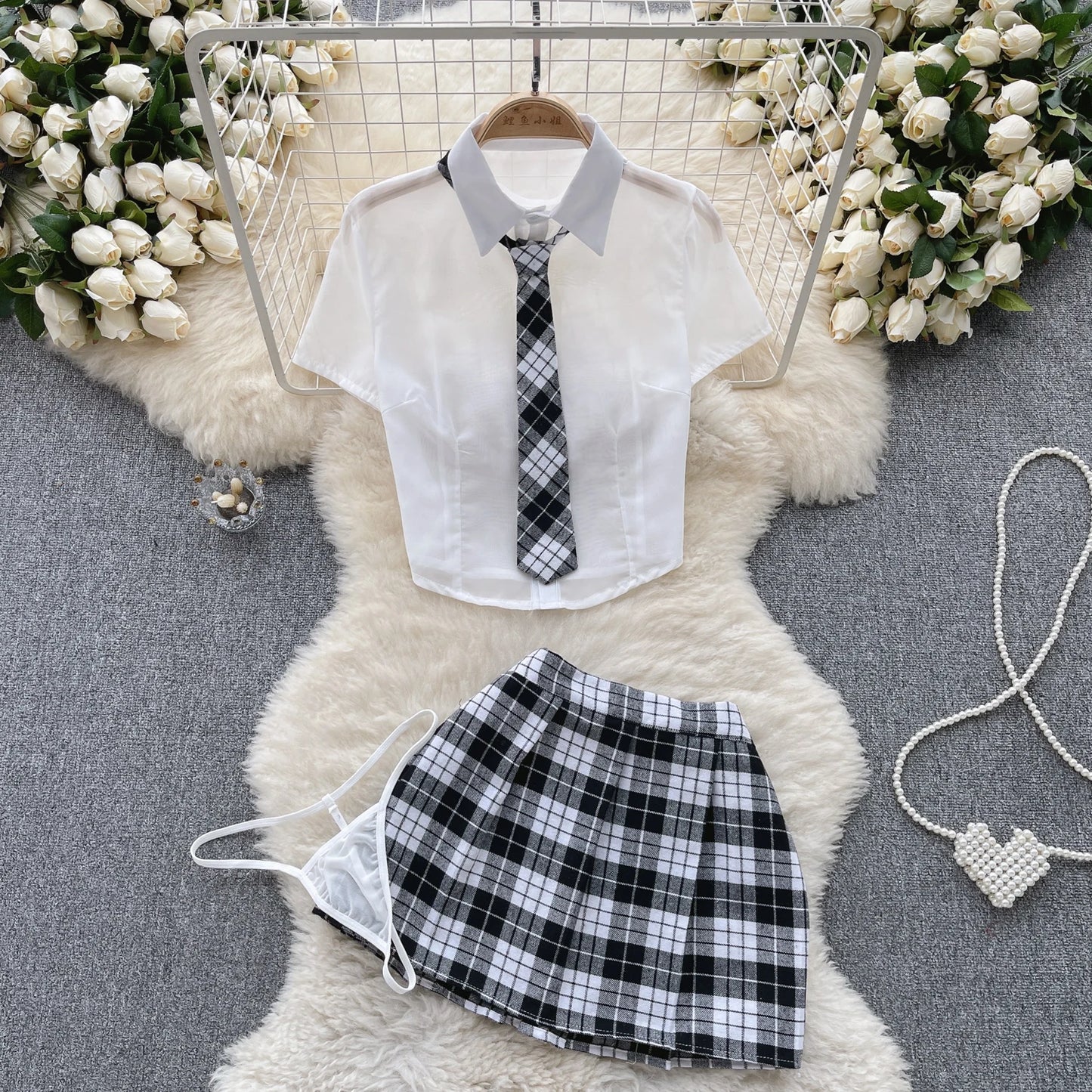 2023 Female Sheer Sensual Suits Transparent T Shirt+Plaid Mini Skirt+Thongs Preppy Style  Sexy Three Pieces Sets Wanita