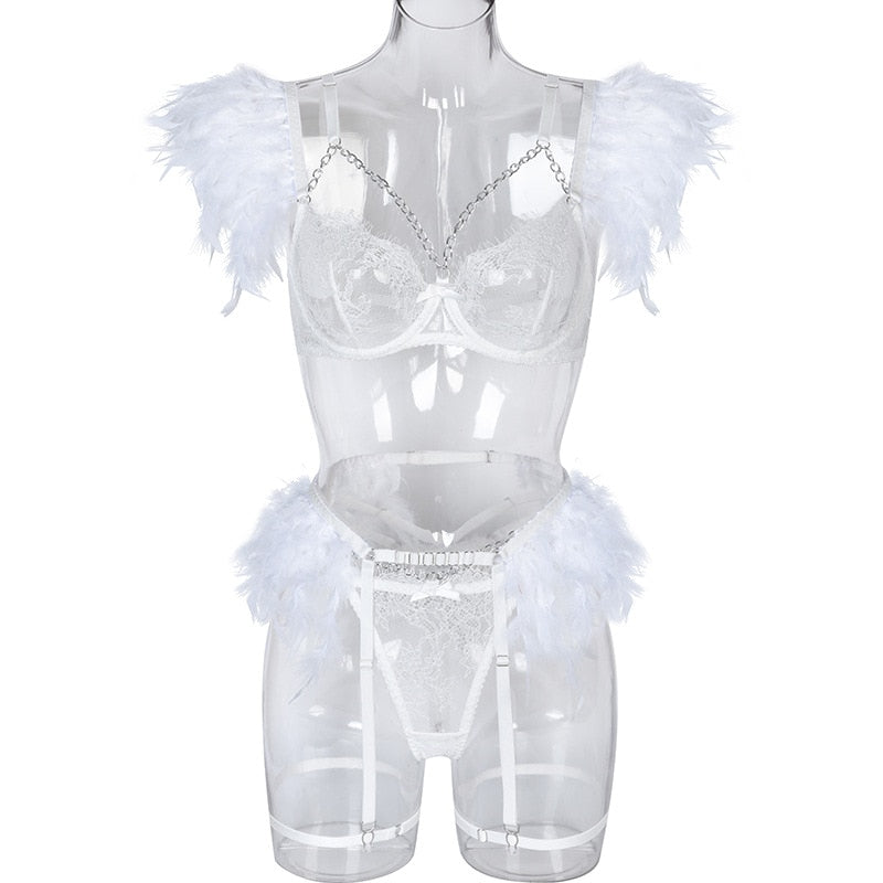 Lencería de plumas, ropa interior Sexy para mujer, sujetador transparente, cadena de Metal, encaje, conjunto de 3 piezas, íntimo de lujo