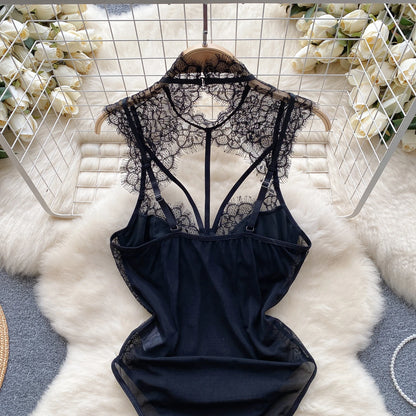 Fashion Mesh Lace Bodysuits Hook Flower Hollow Transparent Backless Slim Sexy Rompers Women Sheer Sensual Playsuits Wanita