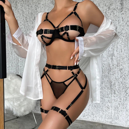 Conjunto de sujetador abierto de lencería Sensual para mujer, ropa interior delicada de realce, traje de lujo sin censura, 4 piezas