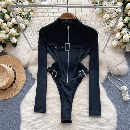 2023 Fashion Hotsweet Sexy Bodysuits Half High Collar Long Sleeved Zipper Women Open Crotch Streetwear Slim Playsuit Wanita