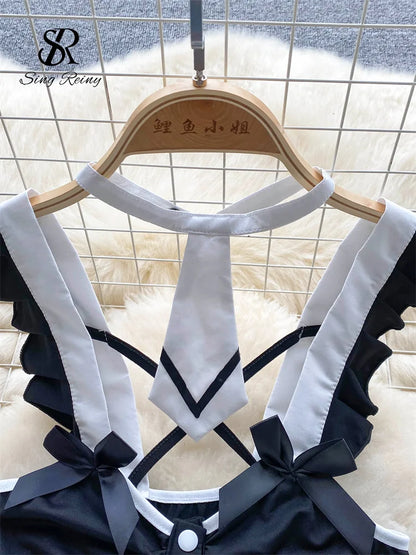 Monos de Cosplay con tirantes y lazo con volantes, ropa de dormir Sensual calada ajustada, monos sexys con entrepierna abierta Wanita