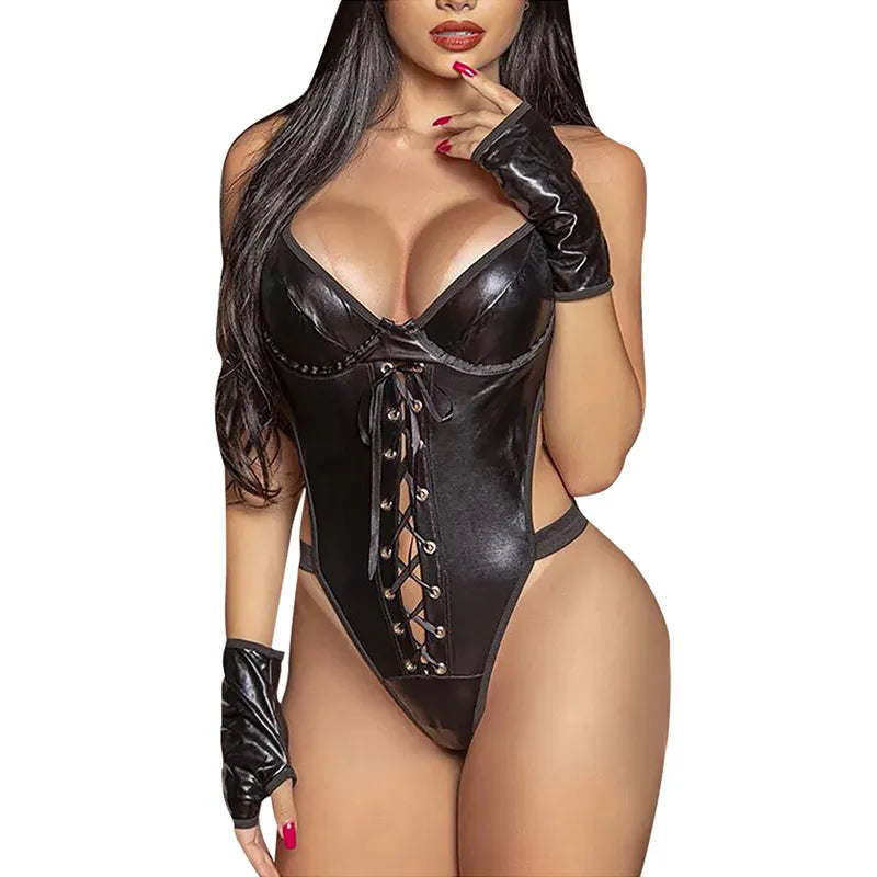 Latex Leather Sexy Lingerie V Neck Teddies Bodysuit Plus Size Women Hollow Out Underwear  Costumes Corsets Backless