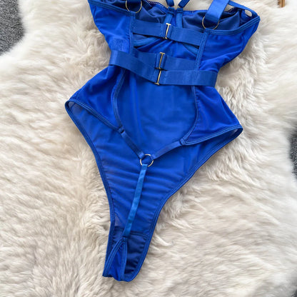 Fashion Sheer Sexy Bodysuits Women Buckle Crossing Halter Strap Open Crotch Nightwear Hollow Out Slim Sensual Playsuit Wanita