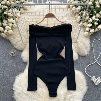 2023 Fashion Solid Slim Bodysuits Women Off Shoulder Long Sleeved Bodycon Y2K Top Ladies Open Crotch Sexy Playsuit Wanita