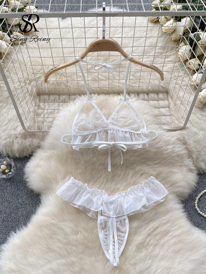 Transparente Spitze, sexy Unterwäsche, Anzüge, neue Damen-Mesh-Rüschen, Neckholder-Mini-BH + Perlen-Tangas, aushöhlen, Nachtanzüge, Wanita