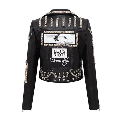 Primavera nuevo trabajo pesado abrigo con remaches abrigo de cuero corte corto motocicleta abrigo de cuero Mujer Punk Rock Pu chaqueta de cuero Abrigos Mujer