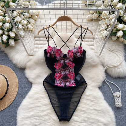 Fashion Mesh Sheer Sensual Bodysuits Slim Sexy Embroidery Spaghetti Strap Rompers Senior Women Floral Lace Playsuits Wanita