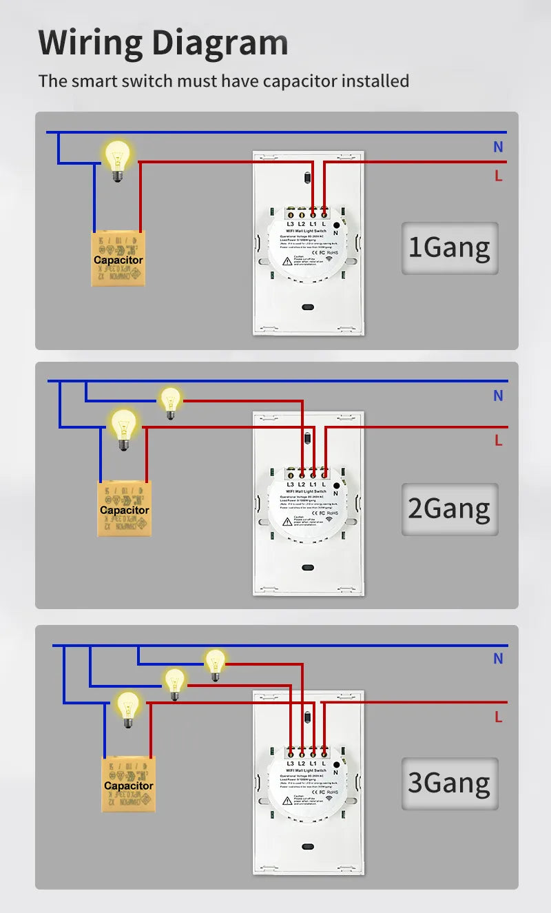 TNCE Tuya UNS WiFi Smart Wand Schalter 1/2/3/4 Gang Kein Neutral Draht Touch Sensor LED Licht Schalter smart Home Alexa Google Hause