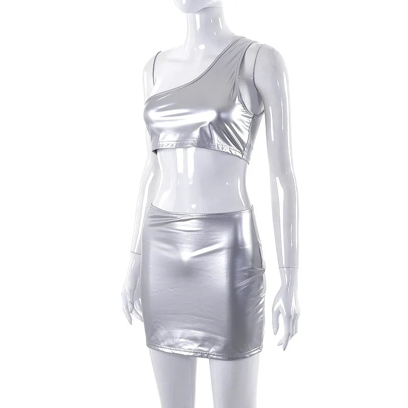 Bright Silver Sexy 2 Pieces Set Women 2023 New Solid Color One Shoulder Sleeveless Crop Top and Short Skirt Suit for Summer