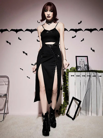 Goth Dark Grunge  High Split Sexy Midi Skirts Mall Gothic Techwear Irregular Eyelet Long Skirt For Women Black Partywear