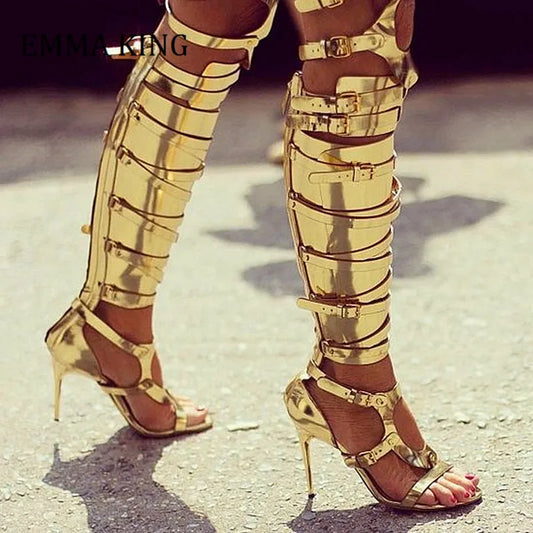 Botas de caballero con hebillas doradas y plateadas de verano para mujer, botas finas de tacón alto, sandalias para mujer, zapatos de vestir de gladiador con agujeros para mujer