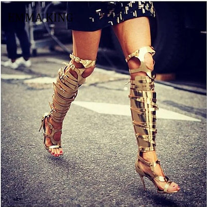 Summer Women Golden Silver Buckles Knight Boots Thin High Heels Women Boot Sandals Ladies Hollow Out Gladiator Dress Shoes Women