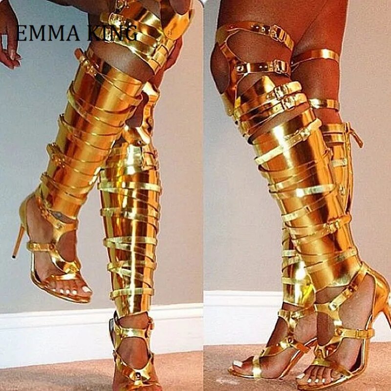 Summer Women Golden Silver Buckles Knight Boots Thin High Heels Women Boot Sandals Ladies Hollow Out Gladiator Dress Shoes Women