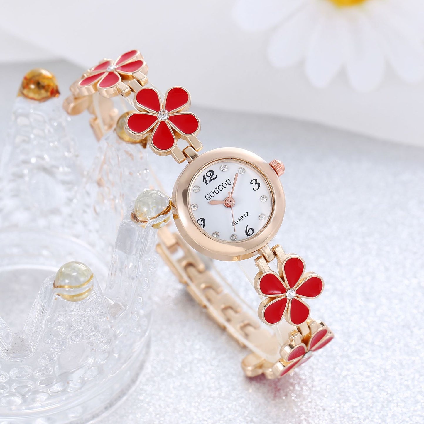 Damen-Armbanduhr mit Blumen-Scheibe, zweiteiliges Armband-Set