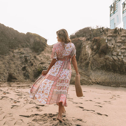 Vestido estampado de flores para mujer Ropa de playa irregular bohemia