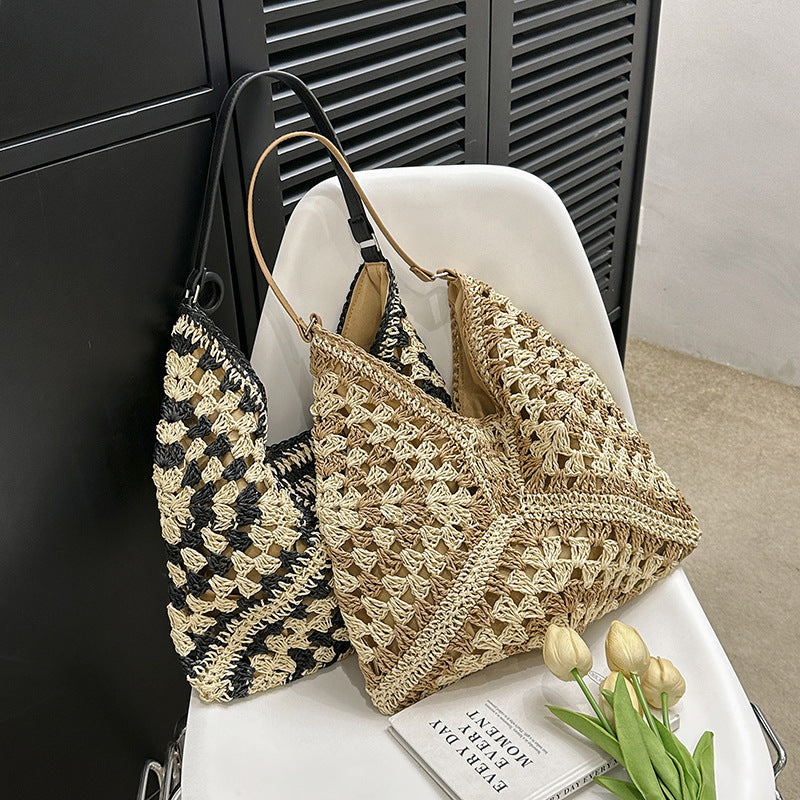 Women's Fashion Handmade Straw Woven Hollow Contrast Color Weave Shoulder Bag