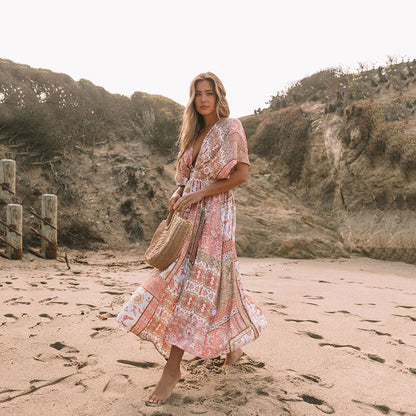 Vestido estampado de flores para mujer Ropa de playa irregular bohemia