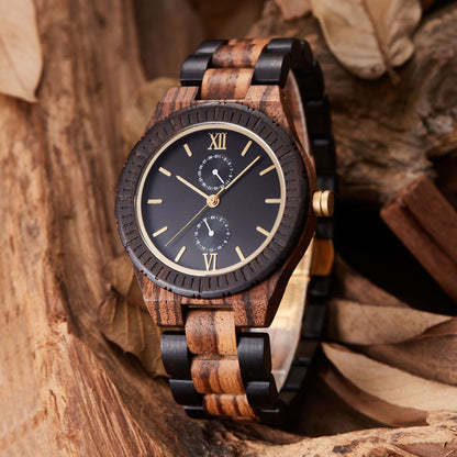 Reloj de madera multifuncional para hombre con movimiento de cuarzo.