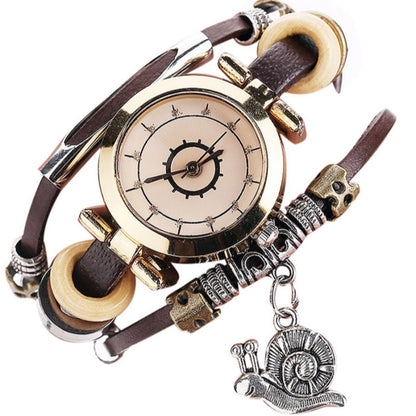 Reloj de pulsera vintage para mujer Reloj de cuero enrollado Colgante de caracol