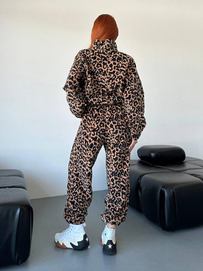 Women's Fashion Loose Leopard Print Zipper Sweater Suit